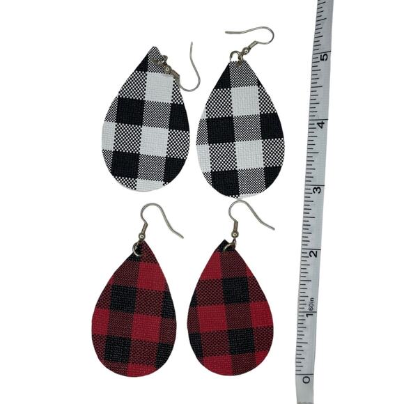 Faux Leather Teardrop Earrings Buffalo Plaid Red & Black and Black & White - Picture 5 of 6